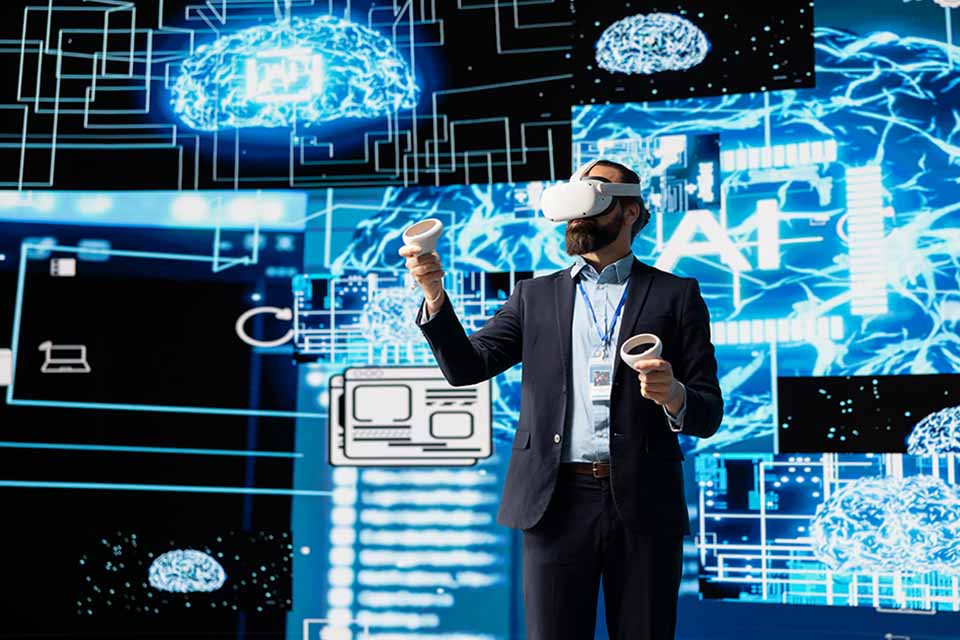 MODERN BUSINESSMAN USING A VIRTUAL REALITY GADGET OR NEURAL NETWORK INTERFACE