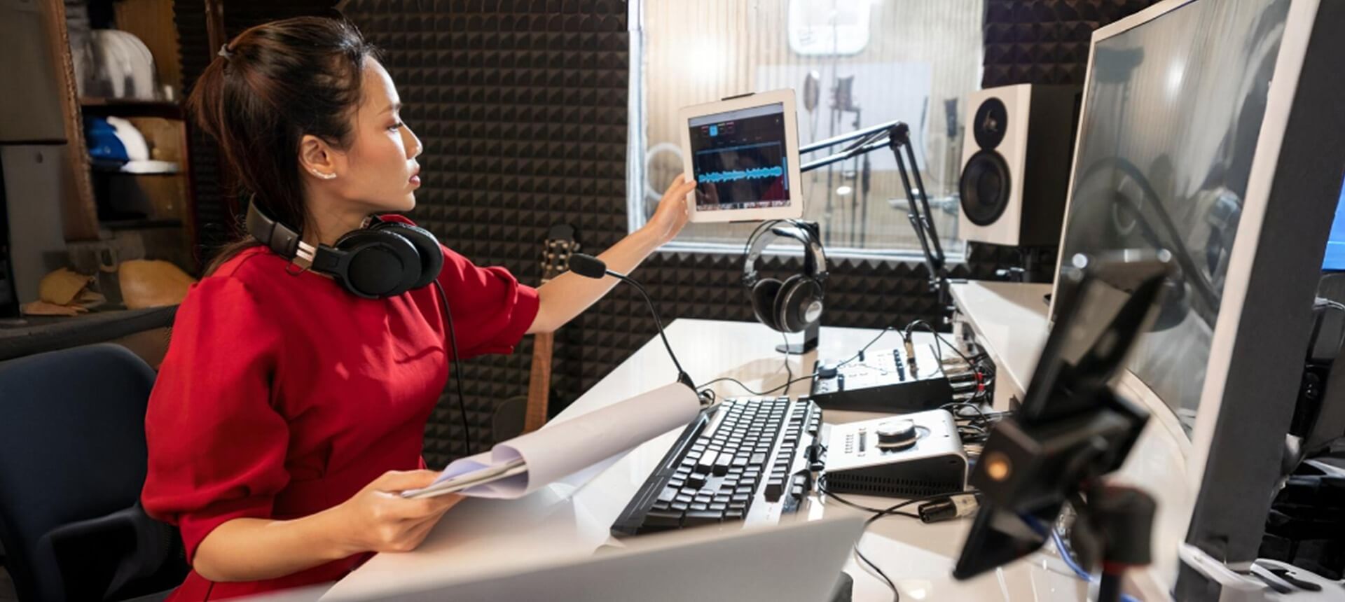 Modern radio hosting studio showcasing digital broadcasting technology in 2026